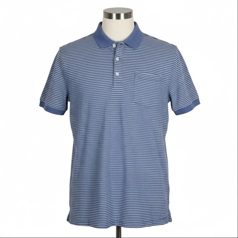 J.Crew Polo Shirt Mens Large Blue Striped Stretch Pique Pocket Short Sleeve Top